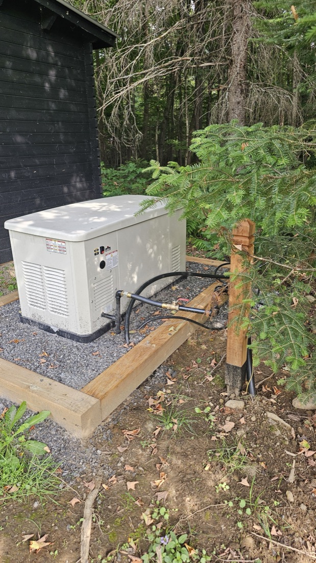 Heat pump on a raised wooden pad on a wooded lot